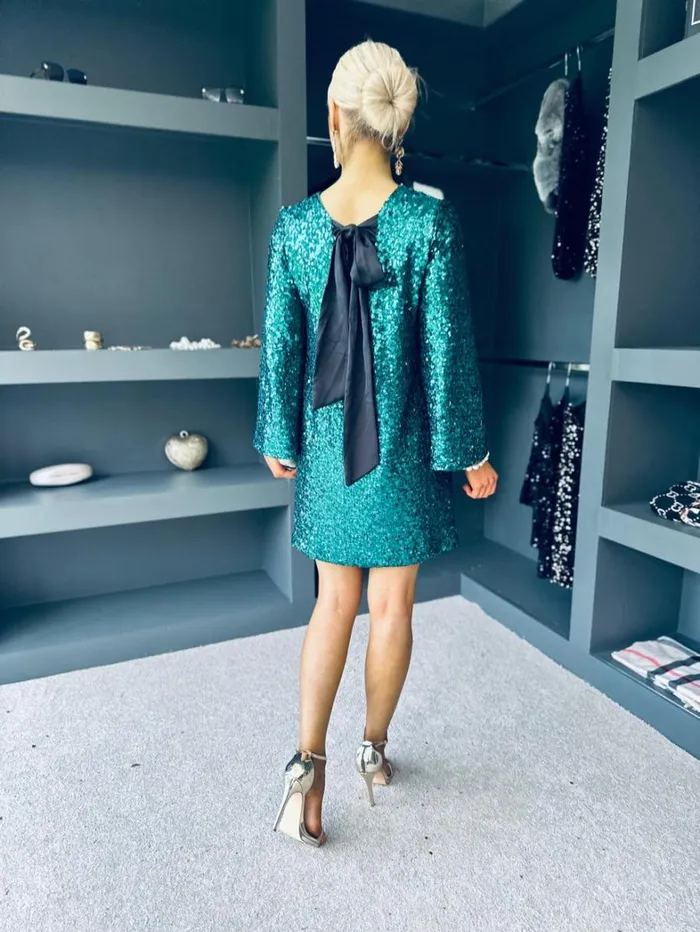 Mila Bow Detail Sequin Mini Dress Green Womens Canella Lane Evening Dress