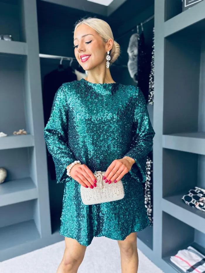 Mila Bow Detail Sequin Mini Dress Green Womens Canella Lane Evening Dress