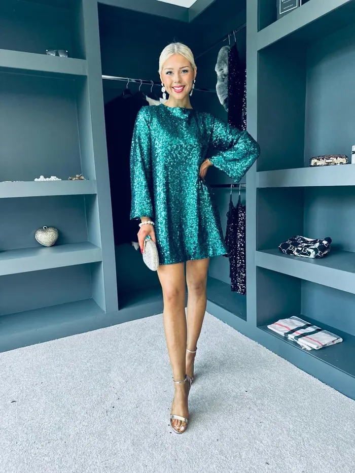 Mila Bow Detail Sequin Mini Dress Green Womens Canella Lane Evening Dress