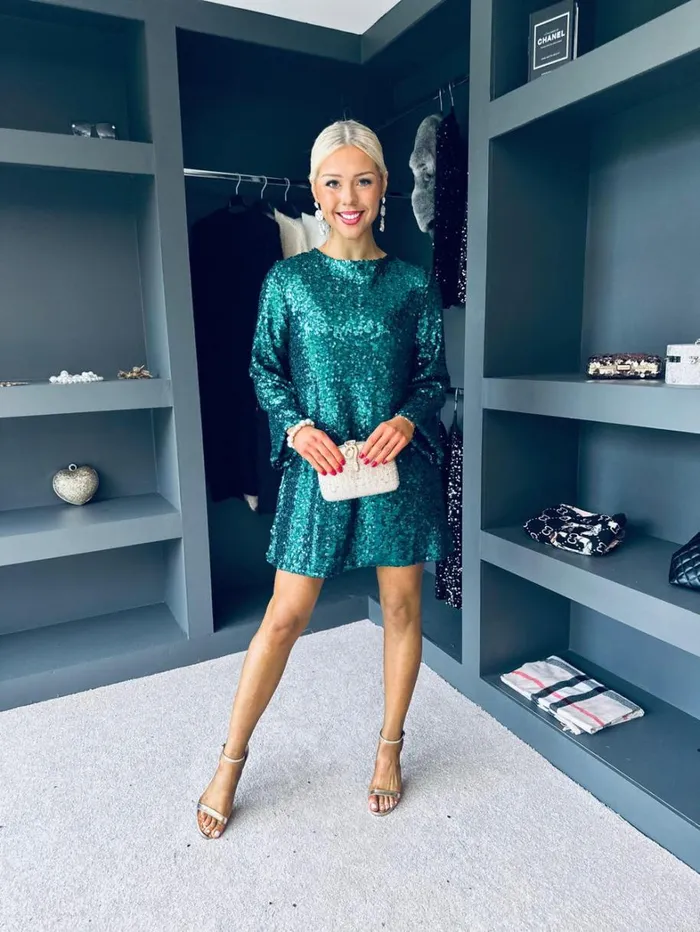 Mila Bow Detail Sequin Mini Dress Green Womens Canella Lane Evening Dress