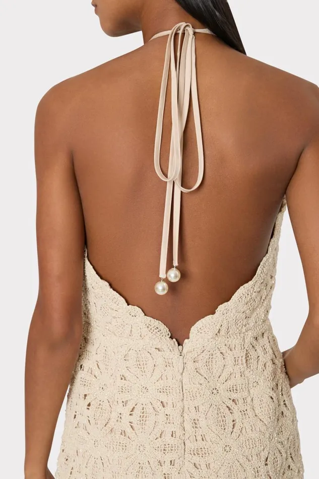 Milly Celeste Beaded Crochet Halter Dress Natural Women Sweaters and Knits