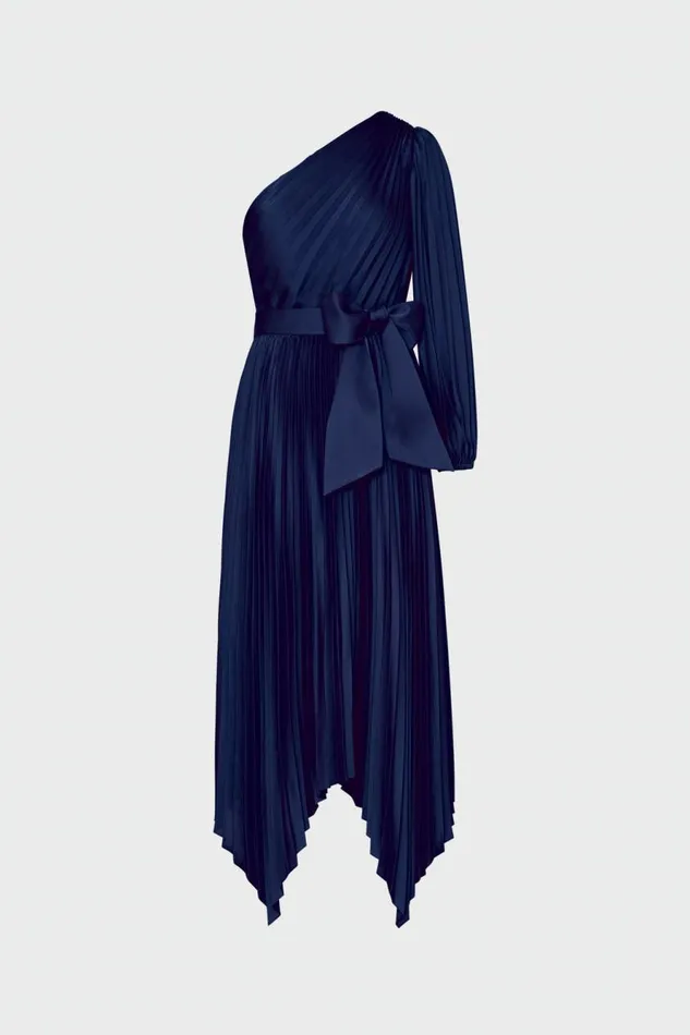 Milly Essi Satin Pleated One Shoulder Dress Navy Women Dresses