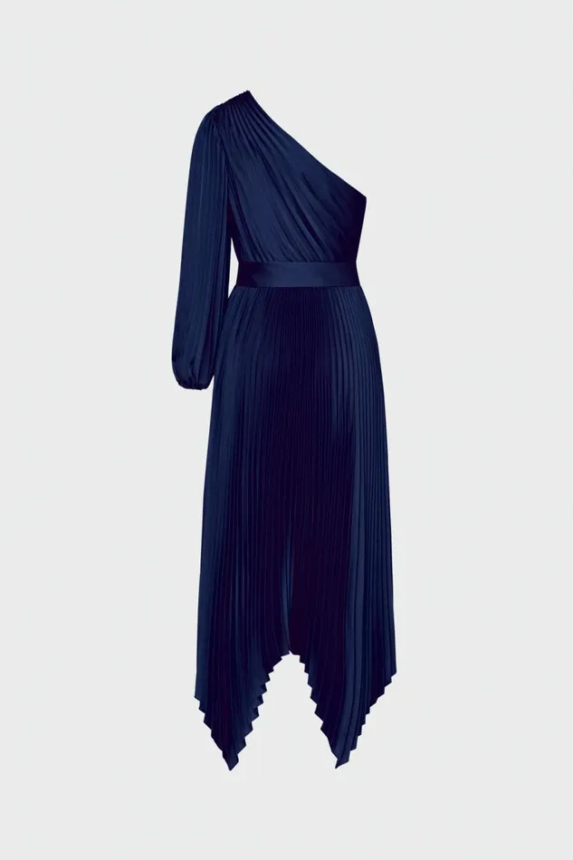 Milly Essi Satin Pleated One Shoulder Dress Navy Women Dresses
