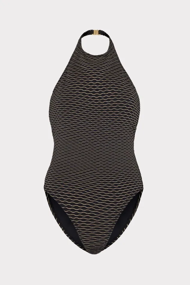 Milly Jackie Textured Waves Halter One Piece Black Women Swim and Coverups