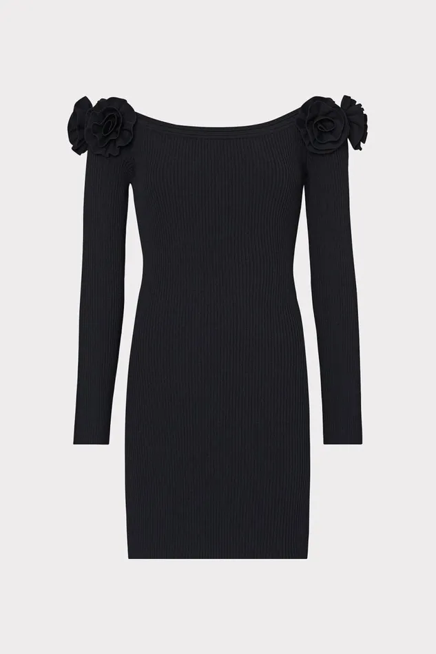 Milly Kara Off The Shoulder Knit Mini Dress Black Women Sweaters and Knits