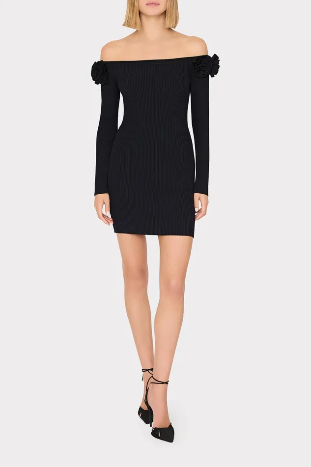 Milly Kara Off The Shoulder Knit Mini Dress Black Women Sweaters and Knits