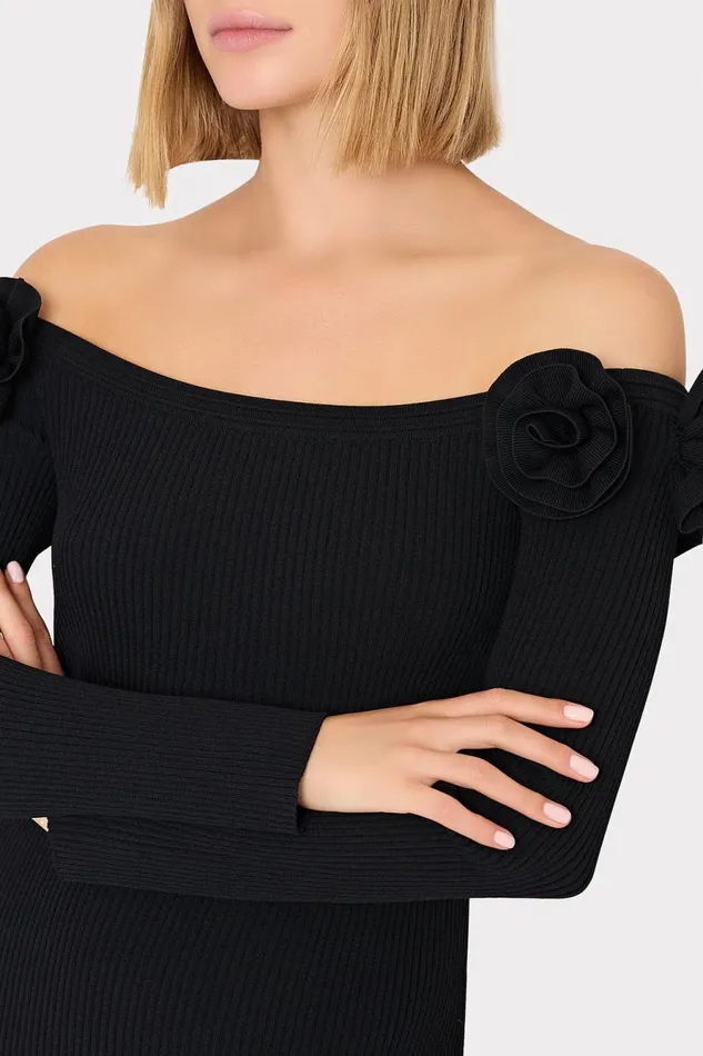 Milly Kara Off The Shoulder Knit Mini Dress Black Women Sweaters and Knits