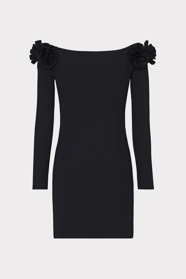 Milly Kara Off The Shoulder Knit Mini Dress Black Women Sweaters and Knits