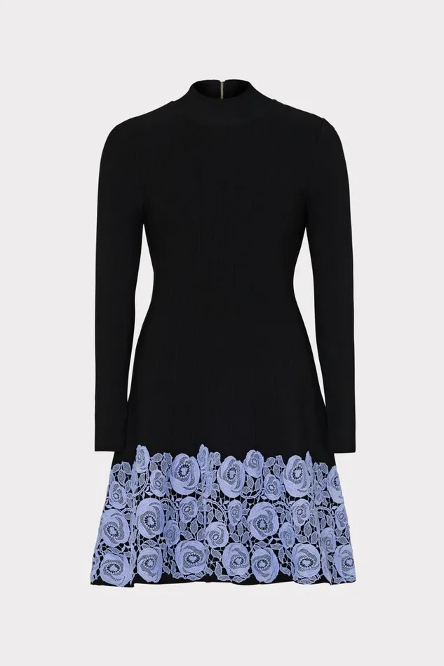 Milly Khai Lace Trim Fit And Flare Dress Black Women Sweaters and Knits