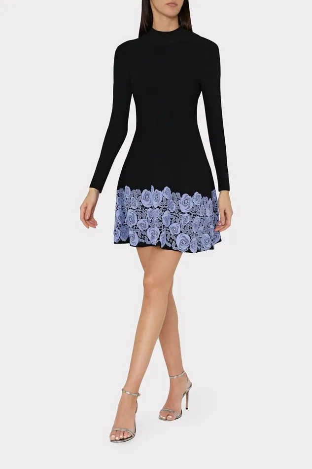 Milly Khai Lace Trim Fit And Flare Dress Black Women Sweaters and Knits