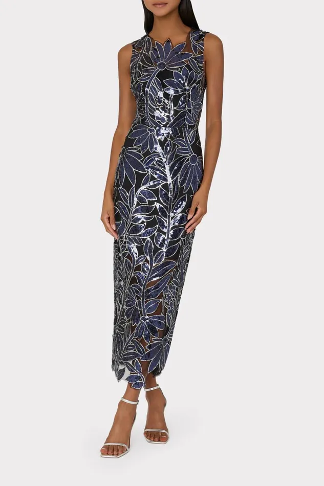 Milly Kinsley Floral Sequins Dress Navysilver Women Dresses