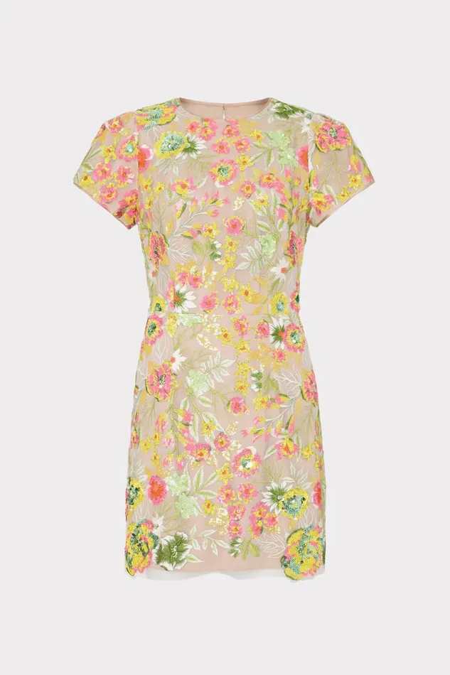 Milly Kyla Botanical Petals Sequins Dress Green Multi Women Dresses
