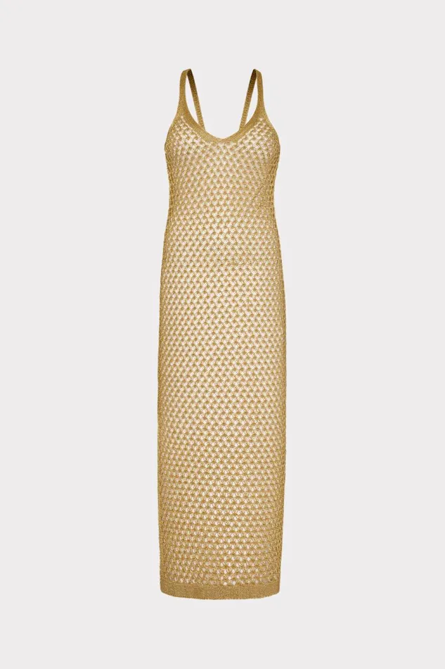Milly Metallic Mesh V Neck Midi CoverUp Dress Gold Women Swim and Coverups