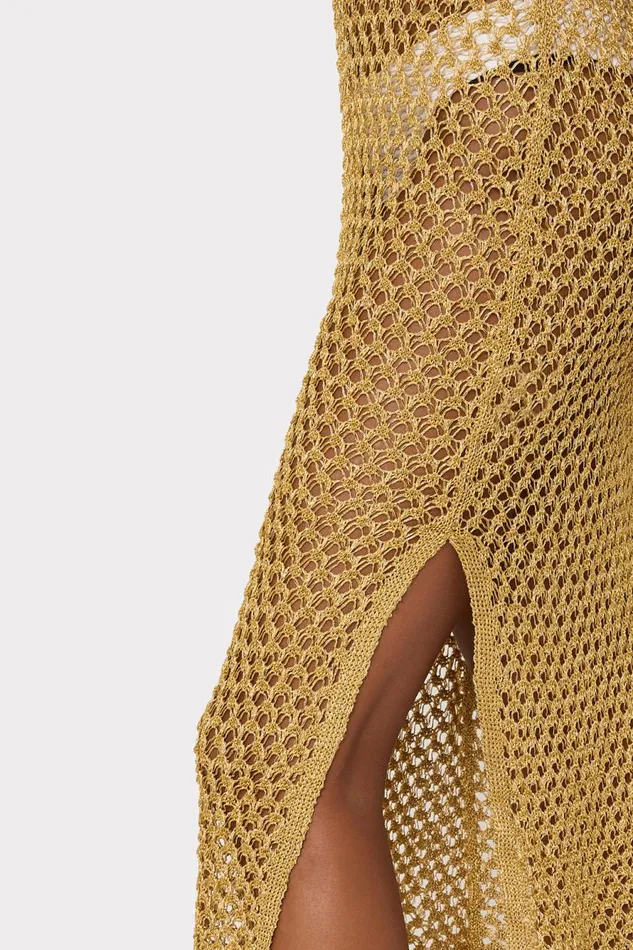 Milly Metallic Mesh V Neck Midi CoverUp Dress Gold Women Swim and Coverups