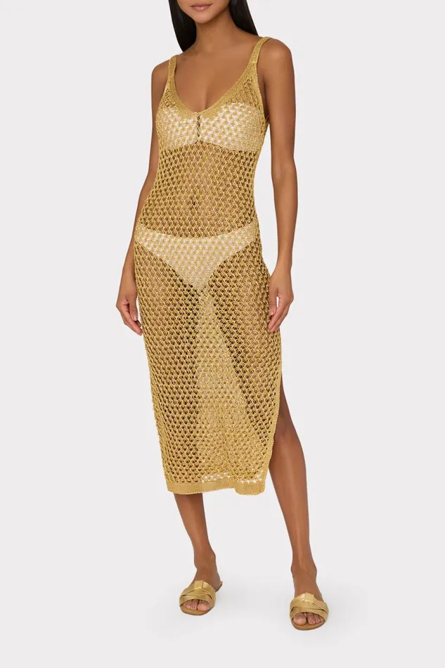 Milly Metallic Mesh V Neck Midi CoverUp Dress Gold Women Swim and Coverups
