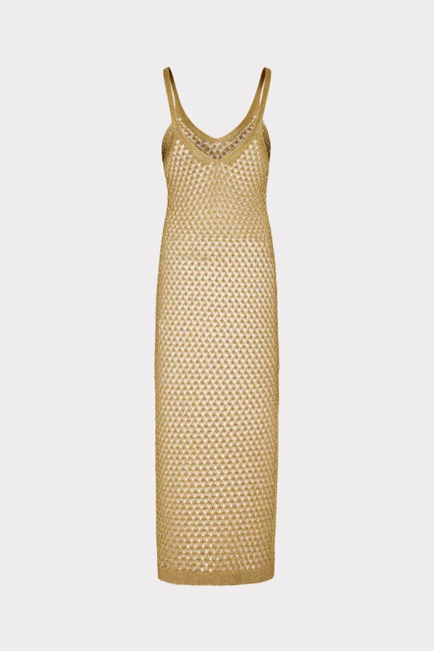 Milly Metallic Mesh V Neck Midi CoverUp Dress Gold Women Swim and Coverups