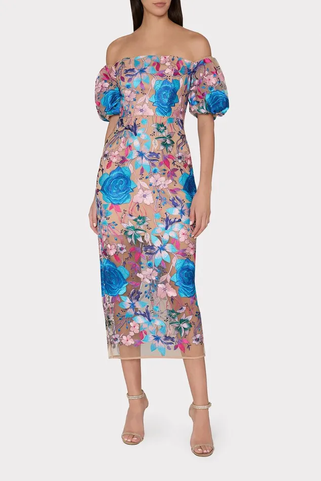 Milly Nira Fall Floral Embroidered Dress Blue Multi Women Dresses