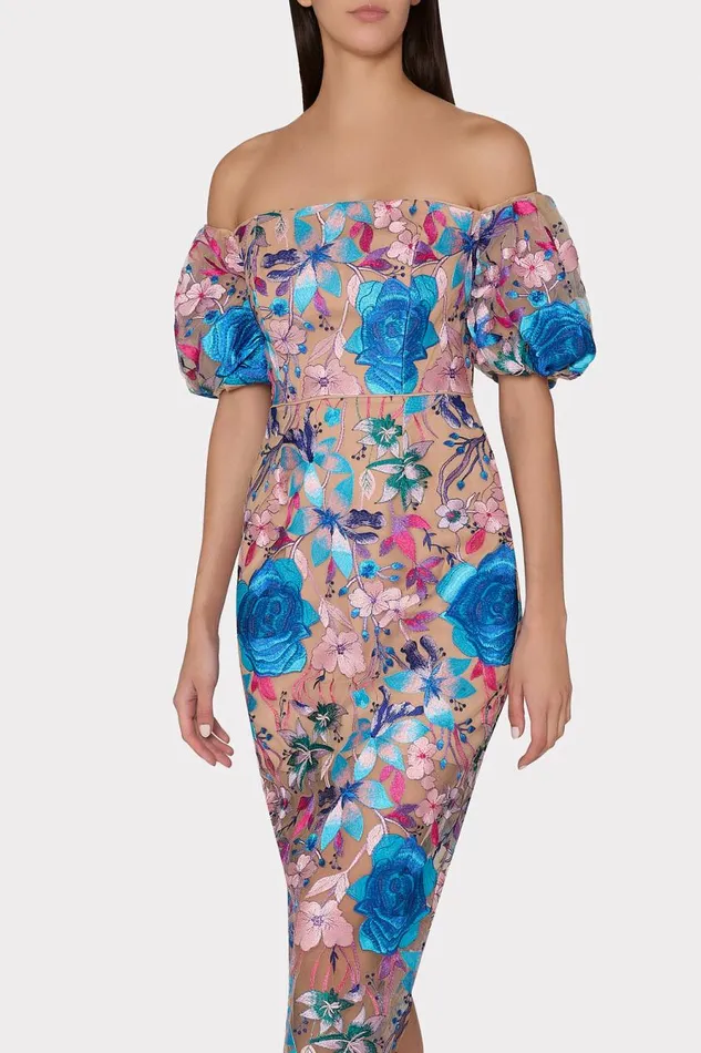 Milly Nira Fall Floral Embroidered Dress Blue Multi Women Dresses