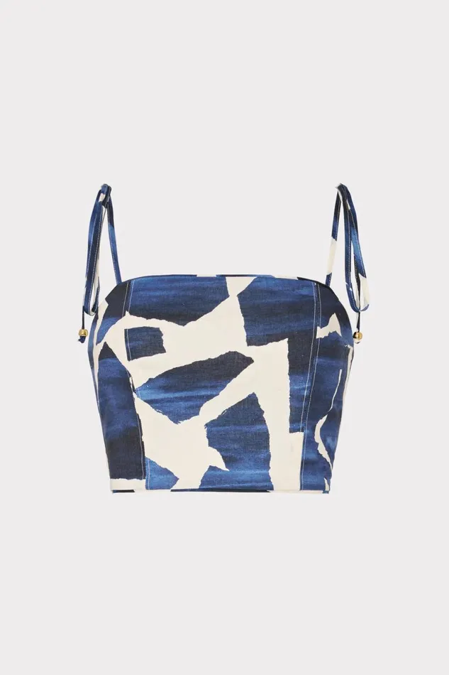 Milly Ocean Puzzle Viscose Linen Tie Top Navy Multi Women Swim and Coverups