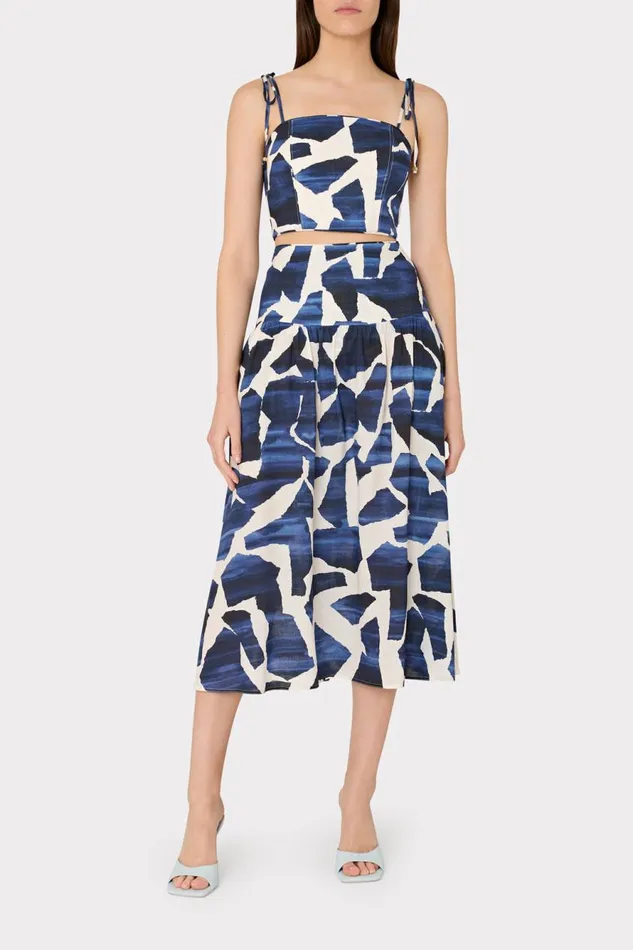 Milly Ocean Puzzle Viscose Linen Tie Top Navy Multi Women Swim and Coverups