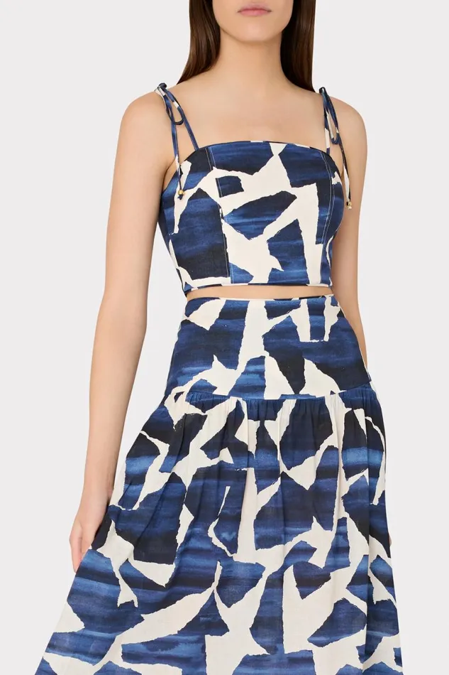 Milly Ocean Puzzle Viscose Linen Tie Top Navy Multi Women Swim and Coverups