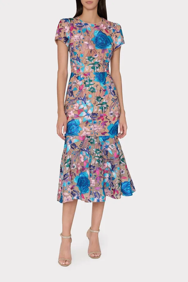 Milly Tahlia Fall Floral Embroidered Dress Blue Multi Women Dresses