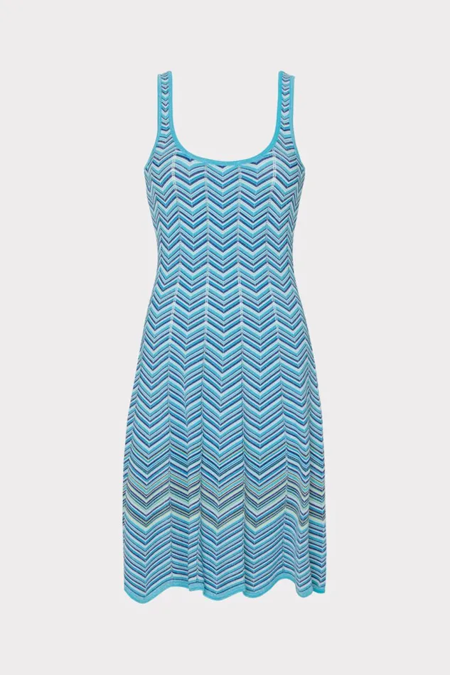 Milly Zig Zag Flare Knit Mini Dress Bright Blue Multi Women Sweaters and Knits