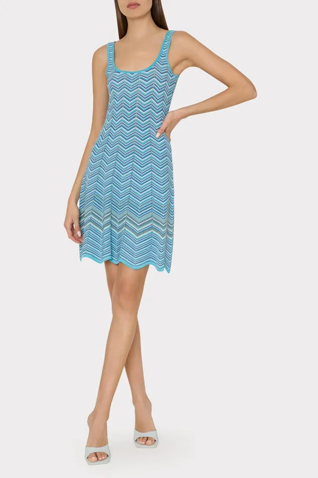 Milly Zig Zag Flare Knit Mini Dress Bright Blue Multi Women Sweaters and Knits