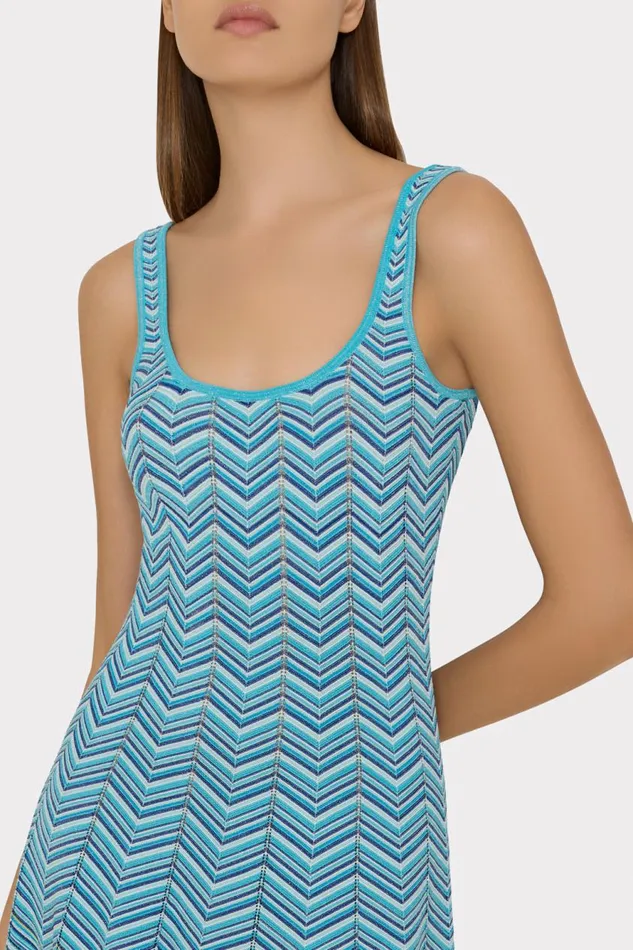 Milly Zig Zag Flare Knit Mini Dress Bright Blue Multi Women Sweaters and Knits