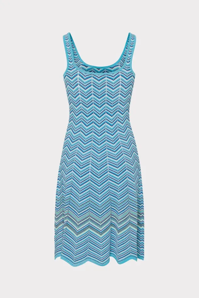 Milly Zig Zag Flare Knit Mini Dress Bright Blue Multi Women Sweaters and Knits