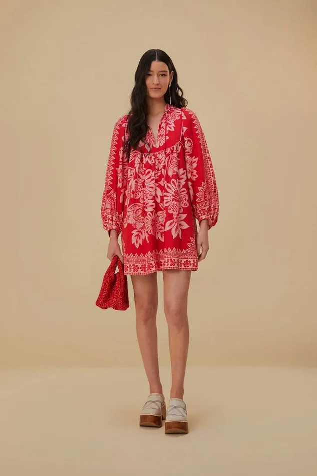 Mini Dresses Women FARM Rio Flora Tapestry Red Long Sleeve Mini Dress