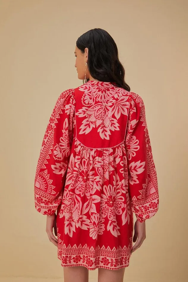 Mini Dresses Women FARM Rio Flora Tapestry Red Long Sleeve Mini Dress