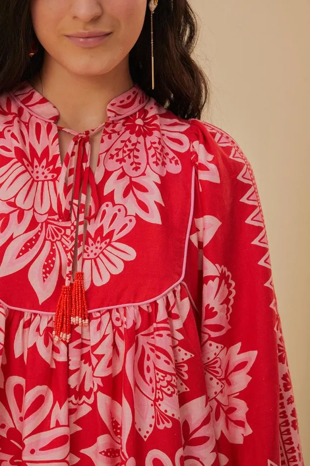 Mini Dresses Women FARM Rio Flora Tapestry Red Long Sleeve Mini Dress