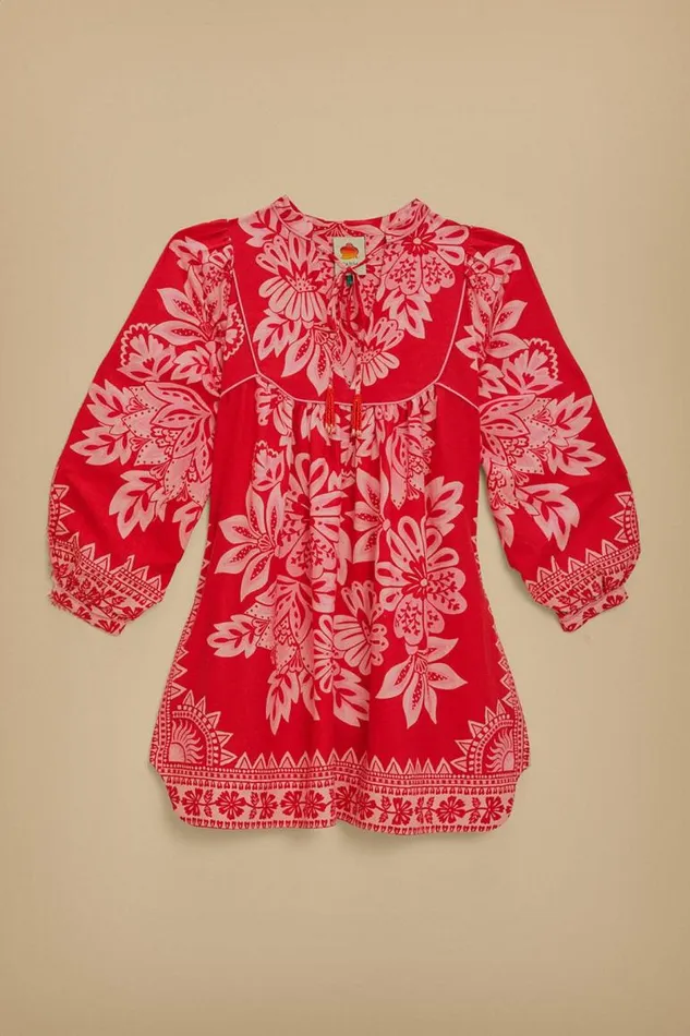 Mini Dresses Women FARM Rio Flora Tapestry Red Long Sleeve Mini Dress