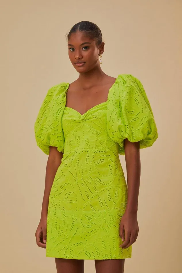 Mini Dresses Women FARM Rio Green Monstera Eyelet Short Sleeve Mini Dress