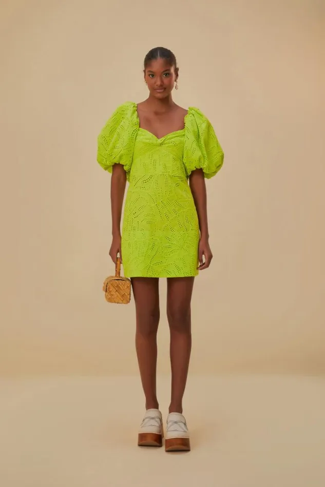 Mini Dresses Women FARM Rio Green Monstera Eyelet Short Sleeve Mini Dress Mini Dresses Women FARM Rio Green Monstera Eyelet Short Sleeve Mini Dress