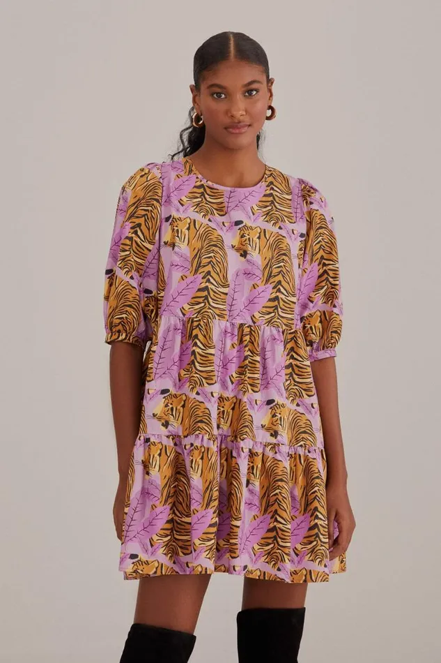 Mini Dresses Women FARM Rio Lavender Tiger Leaves Puff Sleeve Mini Dress