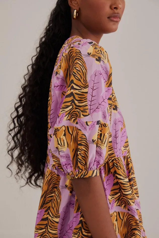 Mini Dresses Women FARM Rio Lavender Tiger Leaves Puff Sleeve Mini Dress