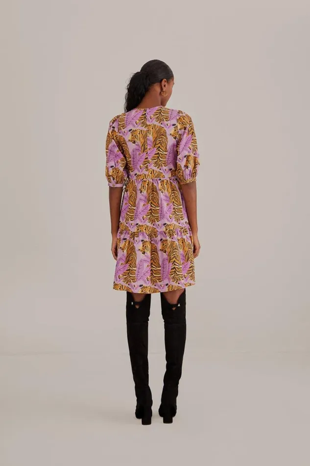 Mini Dresses Women FARM Rio Lavender Tiger Leaves Puff Sleeve Mini Dress