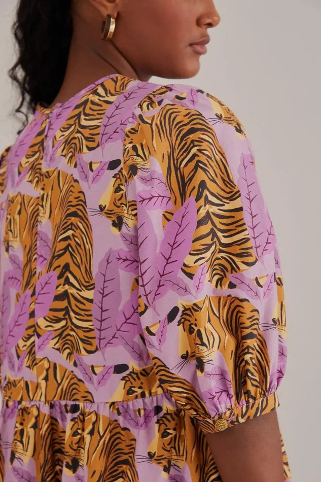 Mini Dresses Women FARM Rio Lavender Tiger Leaves Puff Sleeve Mini Dress