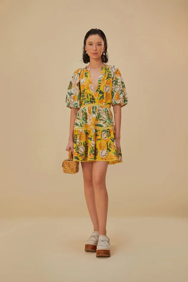 Mini Dresses Women FARM Rio Yellow Biriba Mix Mini Dress Mini Dresses Women FARM Rio Yellow Biriba Mix Mini Dress
