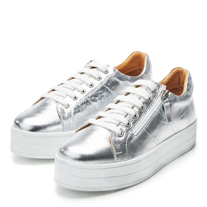 Moda In Pelle BGlazie Silver Leather Women Chunky Trainers