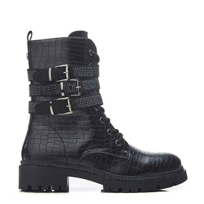 Moda In Pelle Cyrus Black Croc Croc Print Porvair Women Chunky Boots