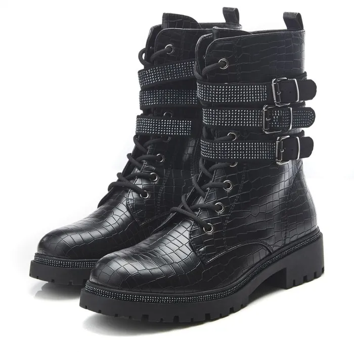 Moda In Pelle Cyrus Black Croc Croc Print Porvair Women Chunky Boots