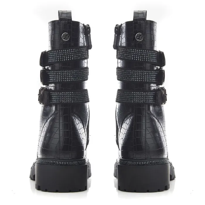Moda In Pelle Cyrus Black Croc Croc Print Porvair Women Chunky Boots