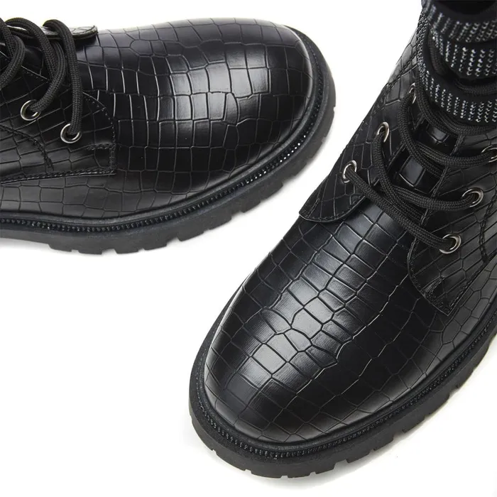 Moda In Pelle Cyrus Black Croc Croc Print Porvair Women Chunky Boots