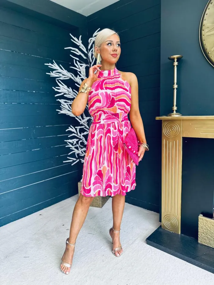 Molly Pleated Mini Dress Swirl Fuchsia Womens Canella Lane Mini