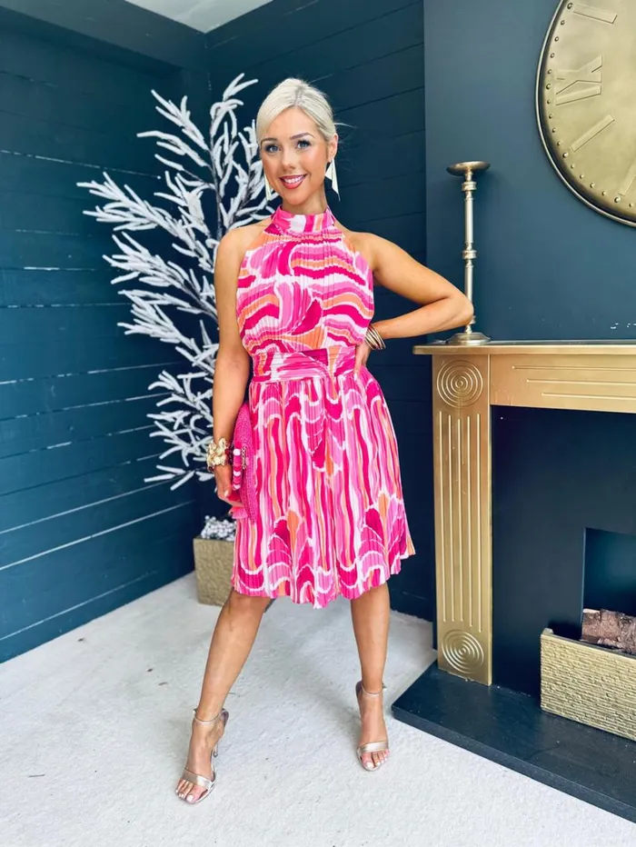 Molly Pleated Mini Dress Swirl Fuchsia Womens Canella Lane Mini