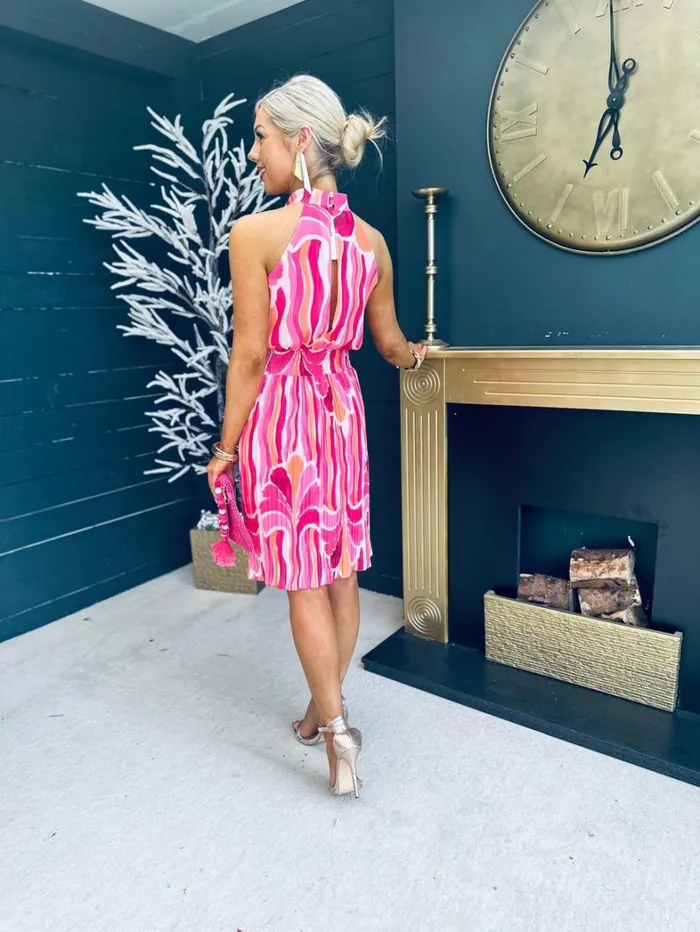 Molly Pleated Mini Dress Swirl Fuchsia Womens Canella Lane Mini