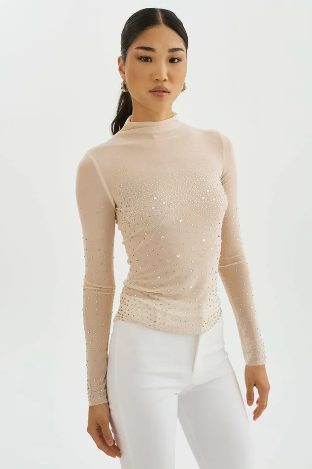 Nellis Rhinestone Mesh Top Bisque Women Lamarque TOPS